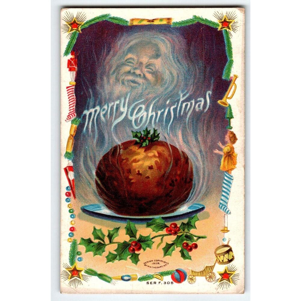 Santa Claus Ghost Spirit Rises From Plum Pudding Postcard Serie 305 Taggart 1909